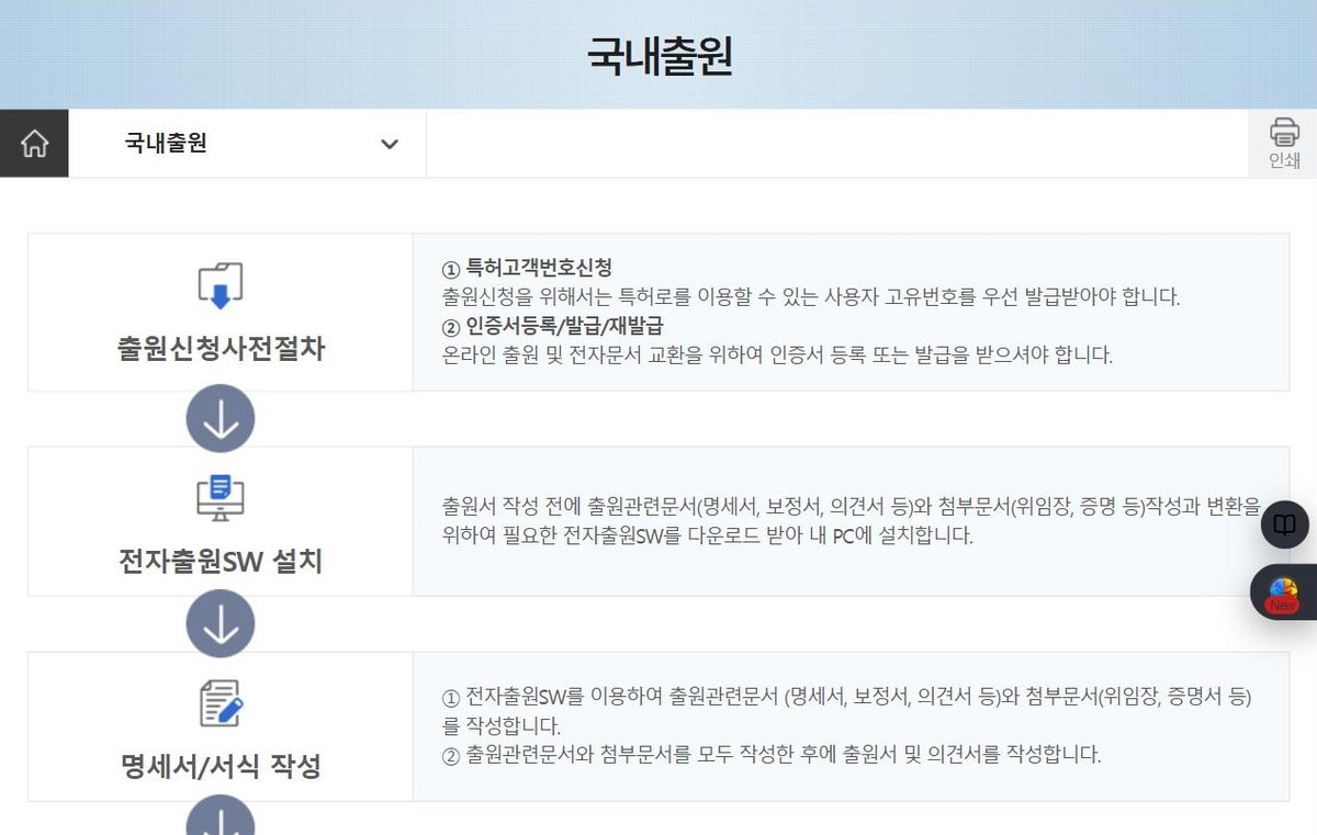 특허로 국내출원 안내 화면. 출원신청 사전절차, 전자출원SW 설치, 명세서·서식 작성 순으로 아래 화살표를 따라 이어진다
